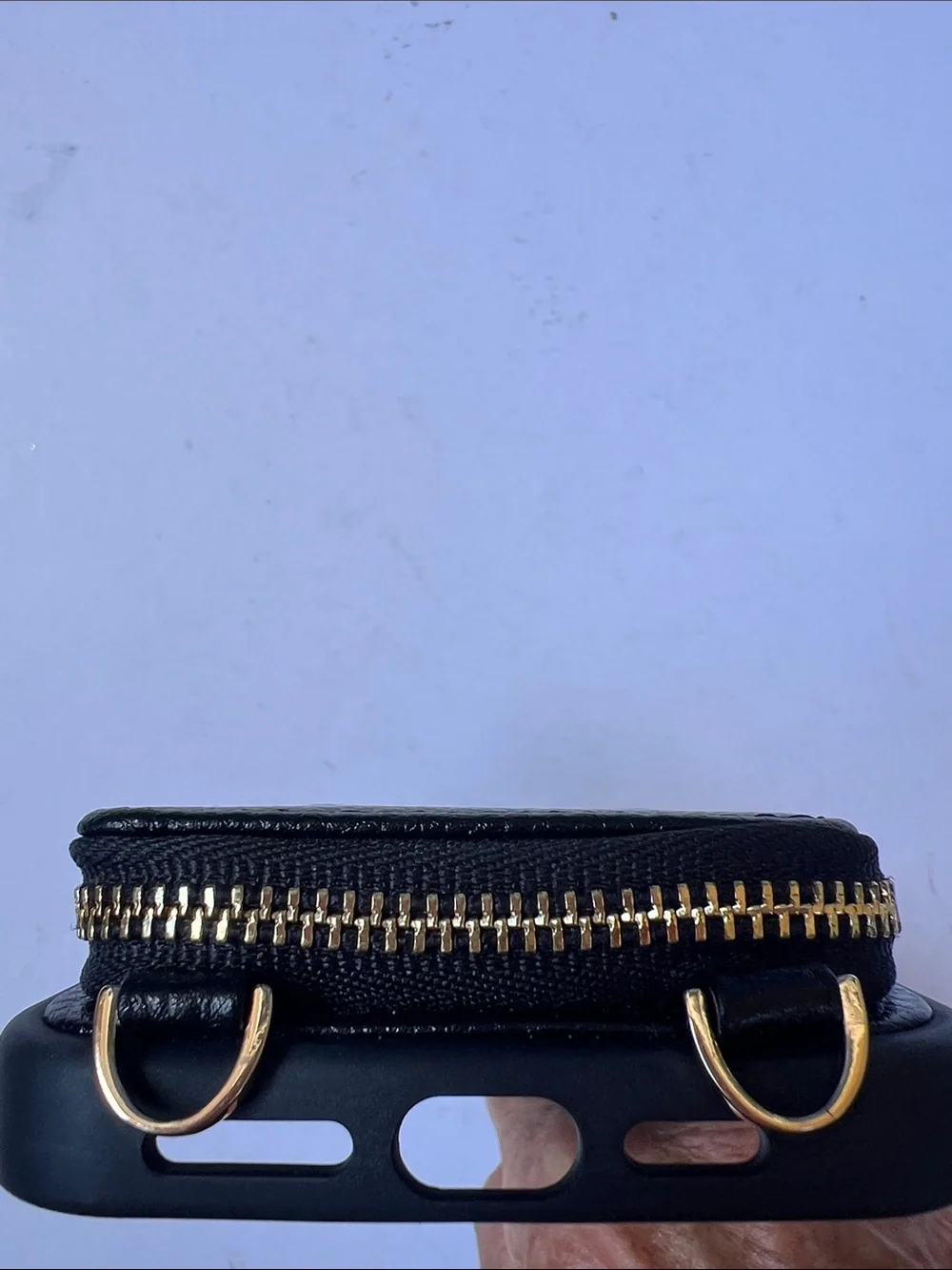 Black Leather Zipper Wallet Phone Case with Gold Accent